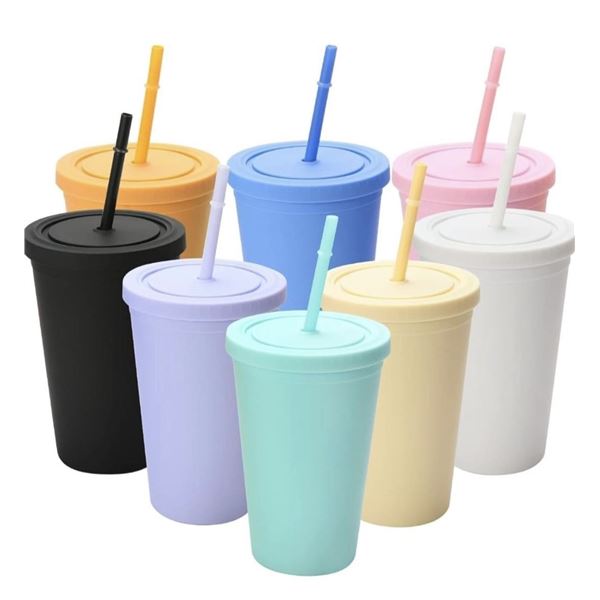 Lot of 8 Colorful 16oz Tumblers - Matte/Pastel Colors -Double Wall Plastic Tumblers w/ Lids & Straws