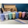 Image 2 : Lot of 8 Colorful 16oz Tumblers - Matte/Pastel Colors -Double Wall Plastic Tumblers w/ Lids & Straws