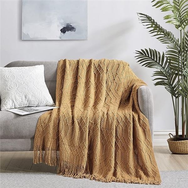 Lot of 1 Molly+Rocky Acrylic Knit Throw Blanket - 50 x 60 inch - Almond Colour