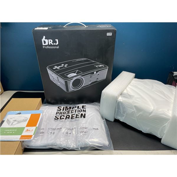 Lot of 1 Dr.J Professional AK30 1080P HD Home Projector w/ 100-inch Projector Screen