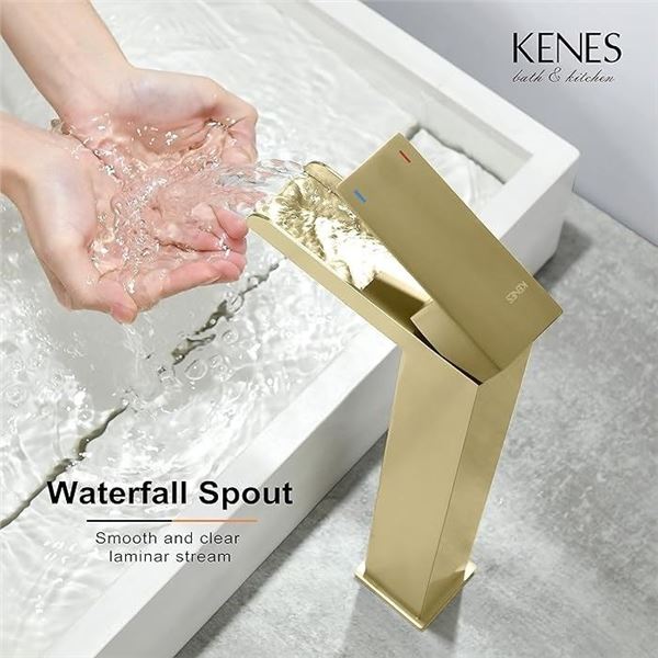 Lot of 1 KENES Single Lever Waterfall Bathroom Sink Faucet - Gold - Brand New!