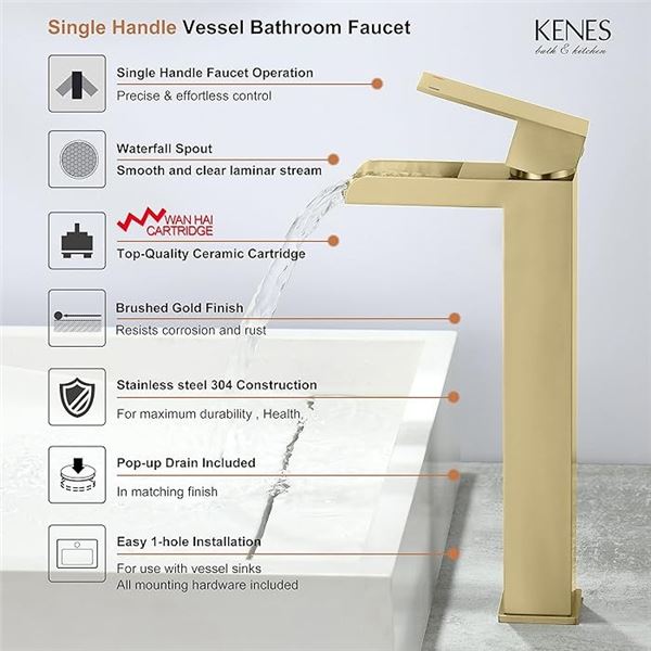 Lot of 1 KENES Single Lever Waterfall Bathroom Sink Faucet - Gold - Brand New!