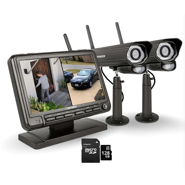 Lot of 1 Defender PhoenixM2 Non-WiFi. Plug-In Power Security System with 2 Metal Cameras