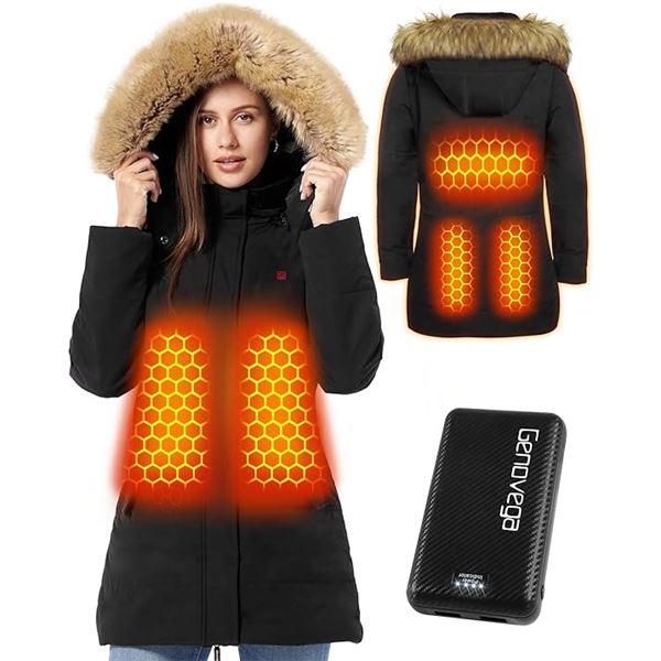 Lot of 1 Genovega Long Puffer Graphene Heated Jacket for Women w/ Fur Hood - Size Small - BRAND NEW!