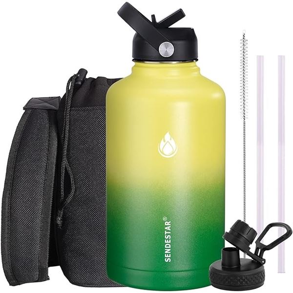 Lot of 1 Sendestar Double Wall Stainless Steel Insulated Water Bottle - 1.8L (64oz) (Yellow/Green)