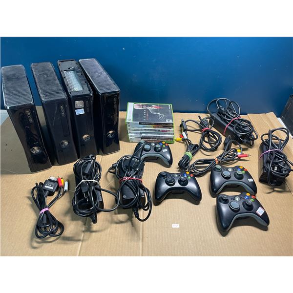 Lot of 4 Xbox 360 Consoles w/ 7 Games, Controllers, and Cords - Used/As Is