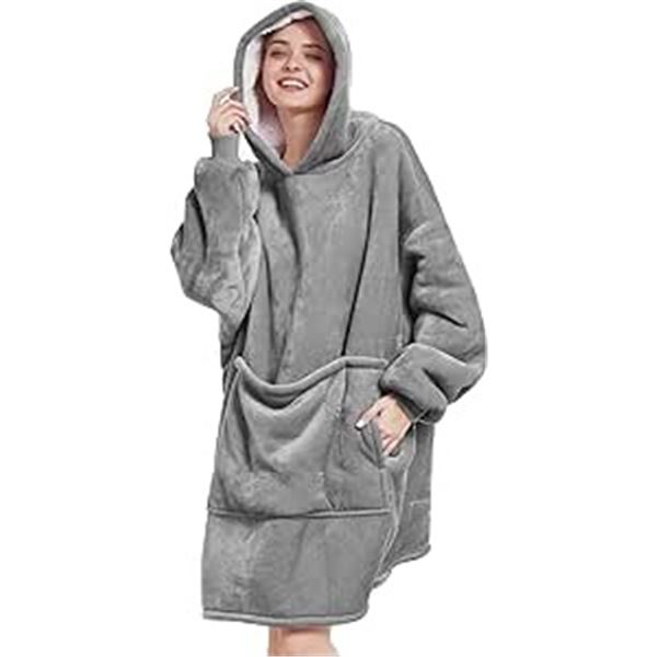 Lot of 1 Wearable Hoodie Blanket - Sherpa Fleece - For Adults (One Size Fits All) - Grey