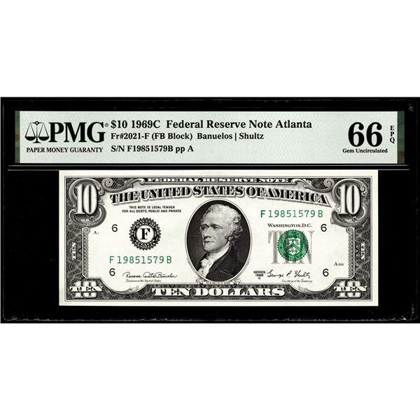 1969C $10 Federal Reserve Note Atlanta Fr.2021-F PMG Gem Uncirculated 66EPQ