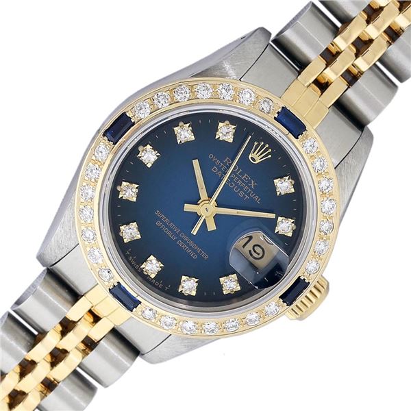 Rolex Ladies Two Tone Blue Vignette Sapphire and Diamond Datejust Wristwatch