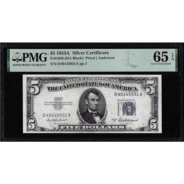 1953A $5 Silver Certificate Note Fr.1656 PMG Gem Uncirculated 65EPQ