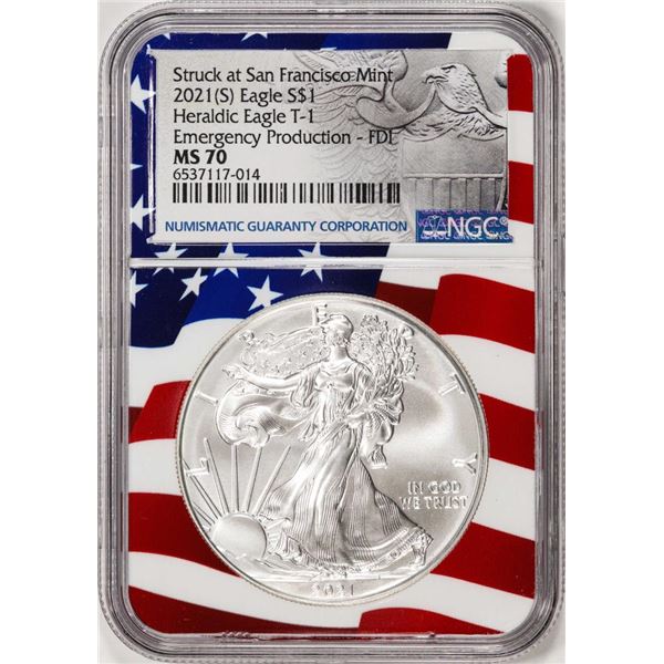 2021(S) Type 1 $1 American Silver Eagle Coin NGC MS70 FDI San Francisco Flag Core