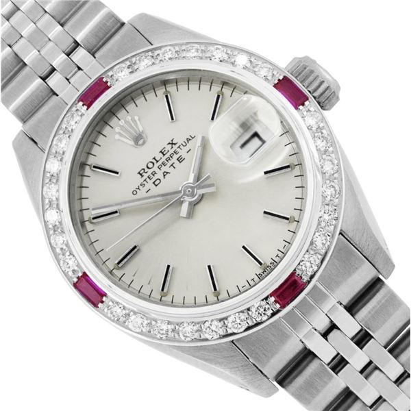 Rolex Ladies Stainless Steel Ruby and Diamond Date Wristwatch With Rolex Box