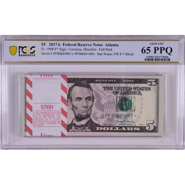 Pack of 2017A $5 Federal Reserve STAR Notes Atlanta Fr.1998-F* PCGS Gem UNC 65PPQ