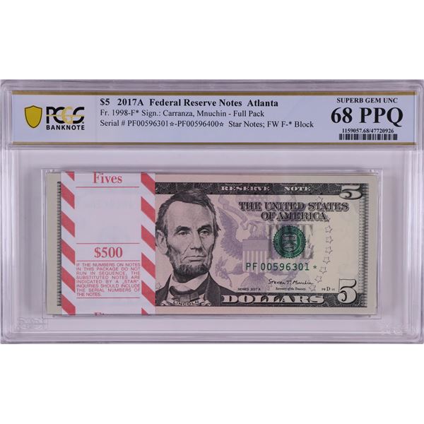 Pack 2017A $5 Federal Reserve STAR Notes Atlanta Fr.1998-F* PCGS Superb Gem UNC 68PPQ