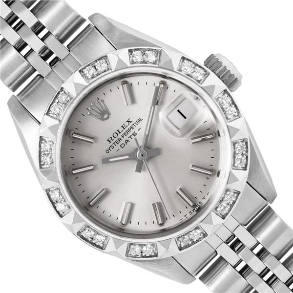 Rolex Ladies Stainless Steel Silver Index Diamond Date Wristwatch