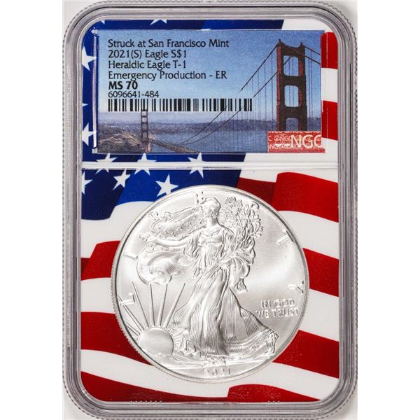 2021(S) Type 1 $1 American Silver Eagle Coin NGC MS70 ER San Francisco Flag Core