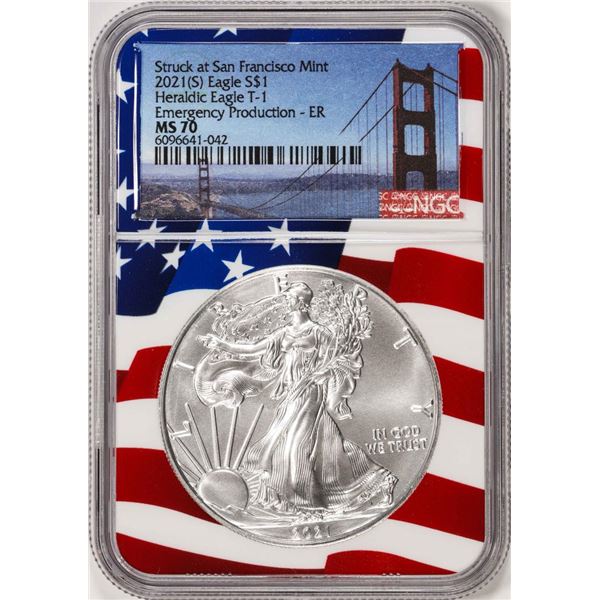 2021(S) Type 1 $1 American Silver Eagle Coin NGC MS70 ER San Francisco Flag Core