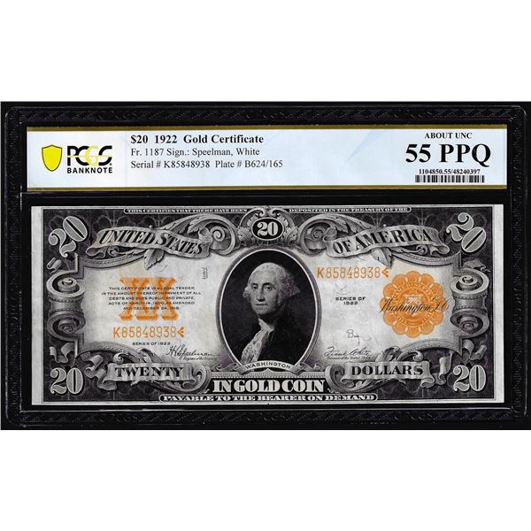 1922 $20 Gold Certificate Note Fr.1187 PCGS About Uncirculated 55PPQ