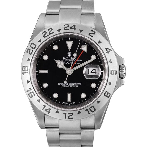 Rolex Mens Stainless Steel Black Dial Explorer II Wristwatch With Rolex Box