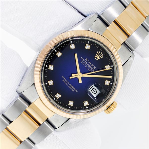 Rolex Mens Two Tone Blue Vignette Diamond Datejust Wristwatch