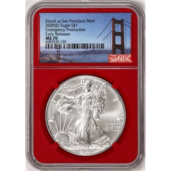 2020(S) $1 American Silver Eagle Coin NGC MS70 Early Releases San Francisco Red Core