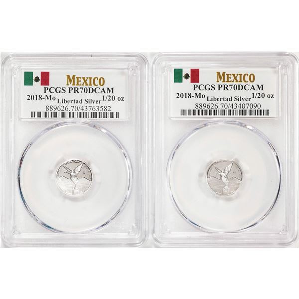 Set of (2) 2018Mo Mexico Proof 1/20 oz Silver Libertad Coins PCGS PR70DCAM