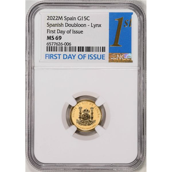 2022M Spain 15 Euro Cent Lynx Gold Doubloon Coin NGC MS69 FDOI