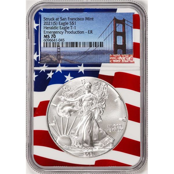 2021(S) Type 1 $1 American Silver Eagle Coin NGC MS70 ER San Francisco Flag Core