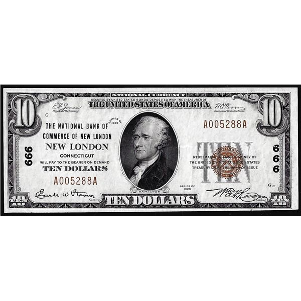 1929 $10 The National Bank of Commerce New London, CT CH# 666 National Currency Note