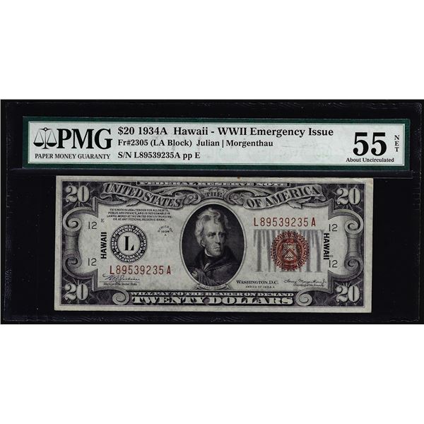 1934A $20 Hawaii WWII Federal Reserve Note Fr.2305 PMG About Uncirculated 55 NET