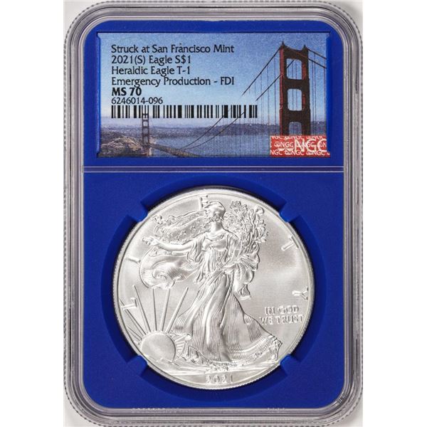 2021(S) Type 1 $1 American Silver Eagle Coin NGC MS70 FDI San Francisco Blue Core