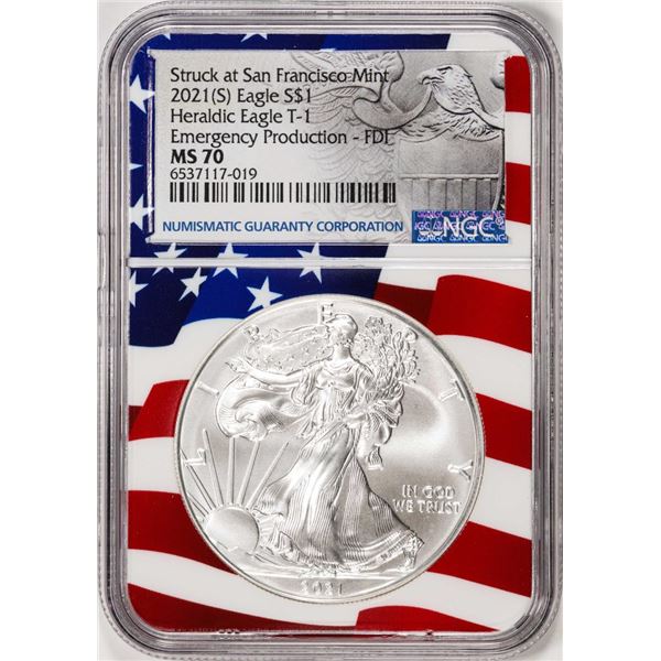 2021(S) Type 1 $1 American Silver Eagle Coin NGC MS70 FDI San Francisco Flag Core