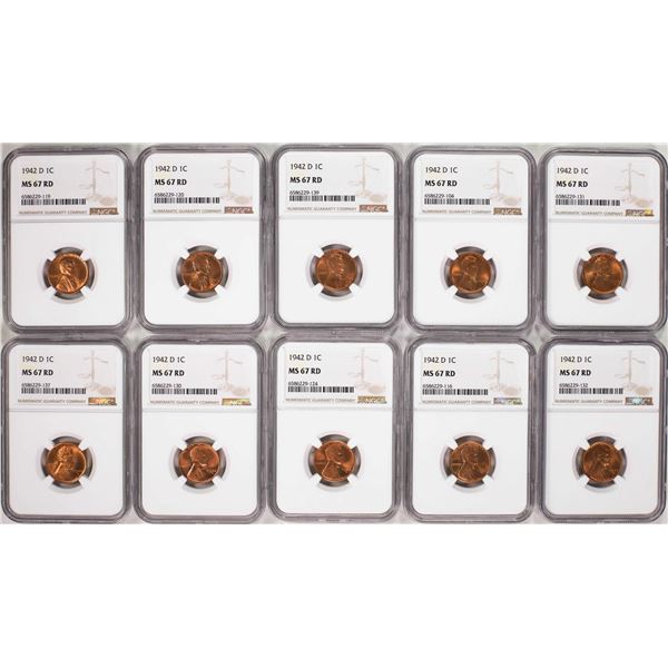 Lot of (10) 1942-D Lincoln Wheat Cent Coins NGC MS67RD