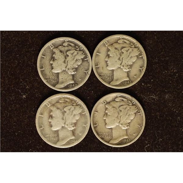 1942-S, 43-D, 44-D & 1945-S SILVER MERCURY DIMES