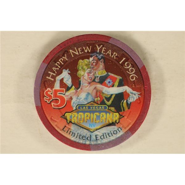 $5 TROPICANA CASINO CHIP. 1996 HAPPY NEW YEAR