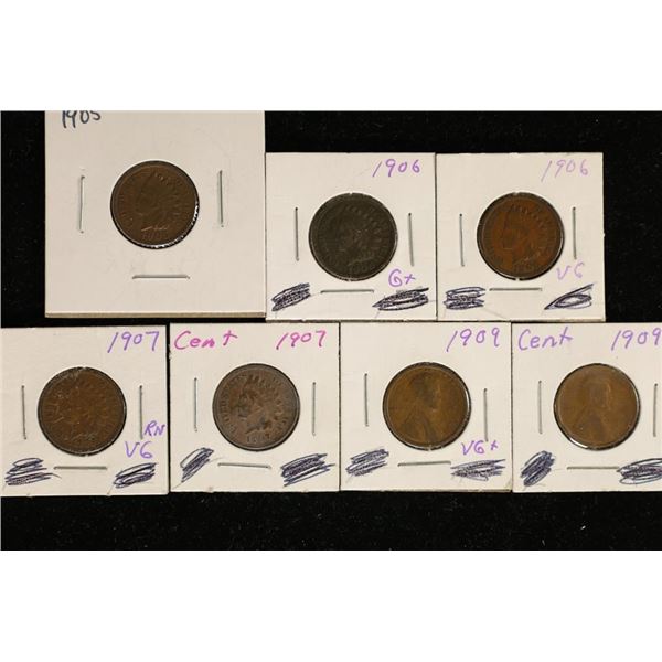7-US CENTS: 5 INDIAN HEAD CENTS: 1905, 2-1906, 2-