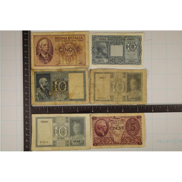 6-ITALY LIRE BILLS 2-FIVE LIRE, 3-1935-TEN LIRE &