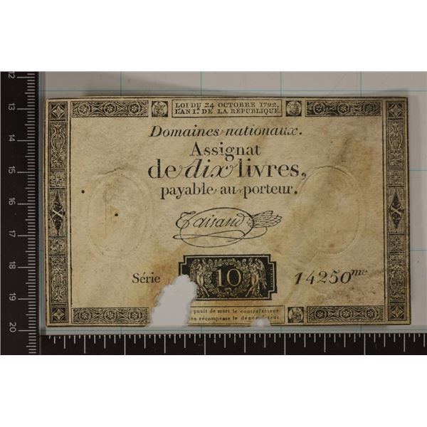 1792 FRANCE 10 LIVRES ASSIGNAT NOTE WITH TEAR