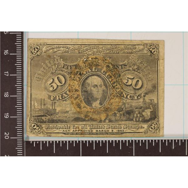 1863 US 50 CENT FRACTIONAL CURRENCY TEAR IN