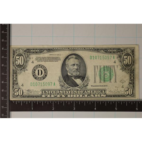 1934-C US $50 FRN CRISP AU GREEN SEAL