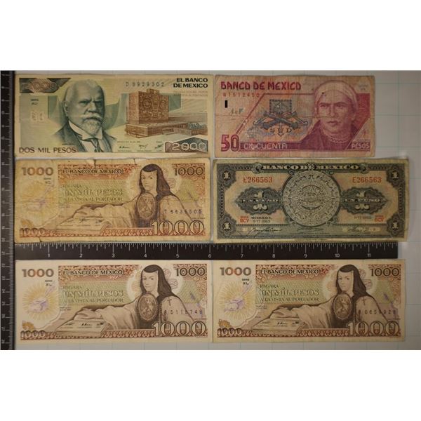 6-MEXICO PESO BILLS: 1965 ONE PESO, 1999-50 PESO,