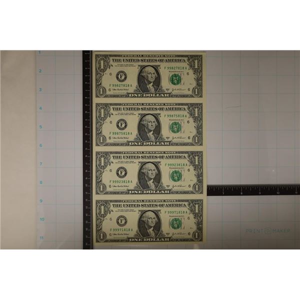 UNCUT SHEET OF 4-2003-A US $1 FRN'S CRISP UNC