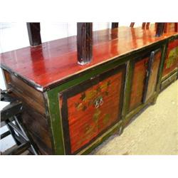 Red hand-painted with gold and green image on front sideboard, 2 door- 36-1/2' H, 27-3/4" D, 69" W (