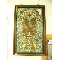 Rectangular green, brown and blue stained glass 36-3/4" H, 22-3/4" W (1)