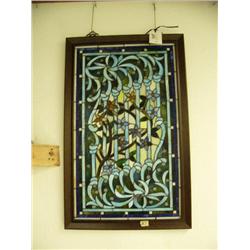 Rectangular panel stained glass with blue, green, flowers, and jewels- 36" H, 22-3/4" W (1)