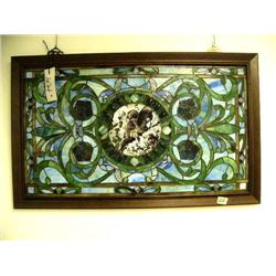 Rectangular stained glass with flowers, center with cherubs- 22-1/2" H, 36-1/2" W (1)