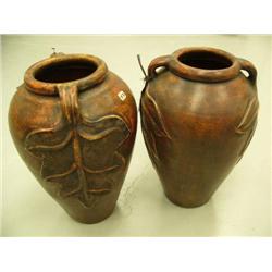Pair of large pots with leaf designs and handles on sides- 20" H (1)