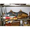 Image 1 : Lot of fish related items- 3 large carved fish; wooden lures oversized; poles with fish (1)