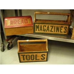 3 wooden boxes named Bread, Tools, and Magazines (1)