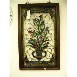 Panel of stained glass with flower pot with jewels and flowers- 36" H, 22-1/4" W (1)